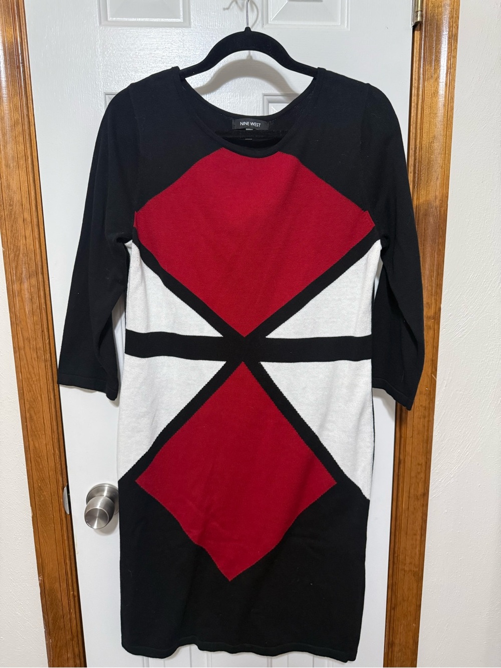 Nine West Colorblock Geometric Knit Sweater Dress Black Red White| Size M